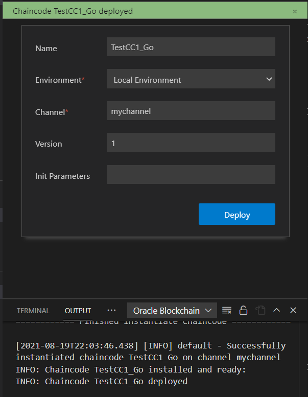 Chaincodeコードのデプロイ成功